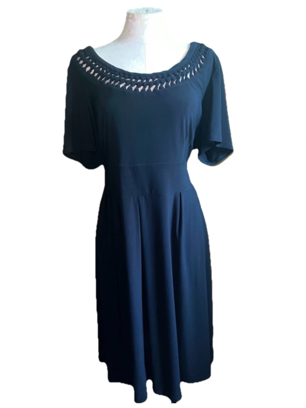 Julian Taylor Black Flutter Sleeve Midi Dress Lattice Laser Cut Neck Tie Back